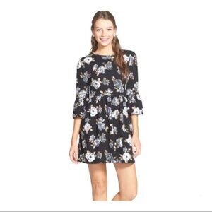 One Clothing Black Floral Print Bell Sleeve Skater Mini Dress; SZ S; BNWT